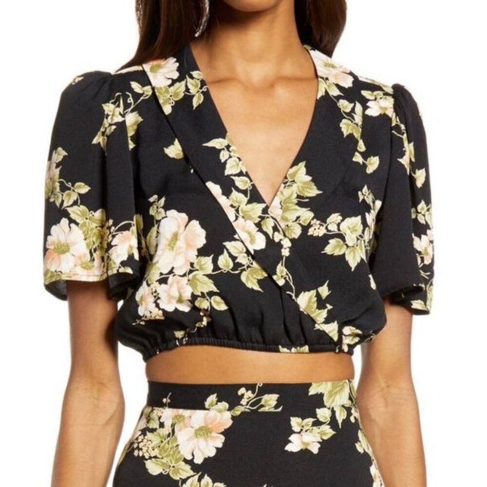 Reformation NEW Florian Short Sleeve Faux Wrap Crop Top Arielle Black Cream 12